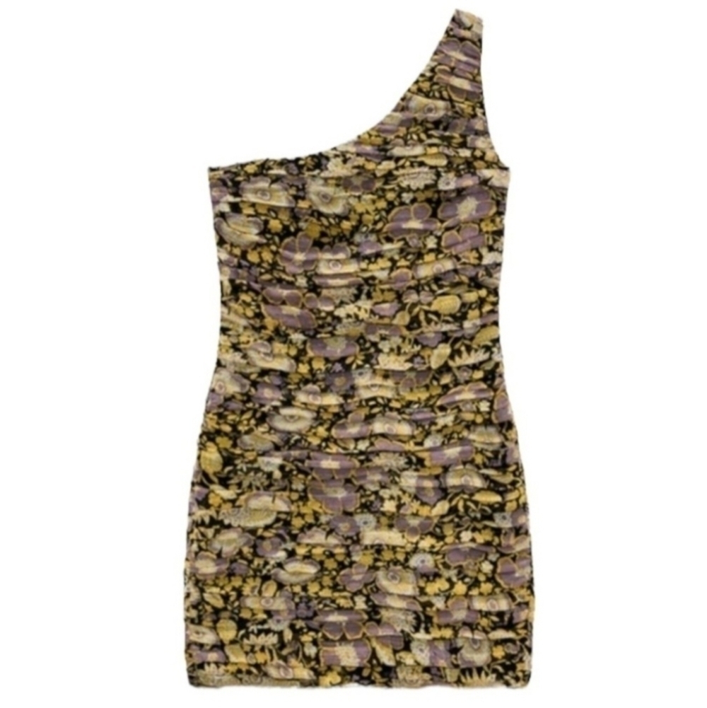 ZARA Ruched Floral One Shoulder Bodycon Mini Dress Womens Small Blogger Favorite - Picture 5 of 10